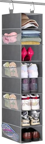 MISSLO Organiseur de chaussures à suspendre pour armoire, étagère à chaussures avec 8 étagères et poches latérales en maille pour sacs à main, vêtements, chapeaux, gris