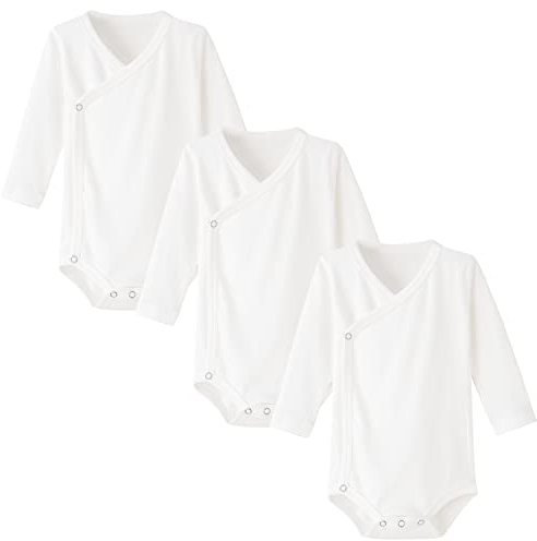 BINIDUCKLING Pack of 3 Baby Boys Girls Long Sleeve Wrap Bodysuits - 100% Cotton Baby Bodysuit with Side Poppers for Newborns - 12 Months, White, 0-3 Monate