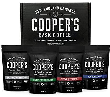 Bourbon & Whiskey Barrel Aged Coffee Box Set - 4-Bag Roasted Coffee Sampler - Bourbon Colombian, Malt Whiskey Sumatra, Rye Whiskey Ethiopian, Rum Barrel Rwanda, (Ground, 4 Ounce (Pack of 4))