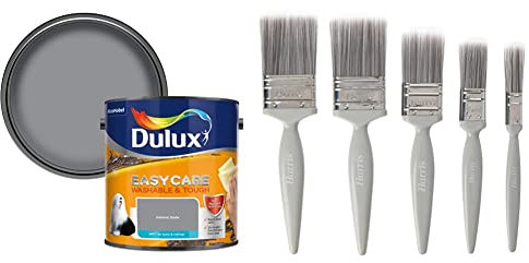 Dulux 5293135 Easycare Washable & Tough Matt Emulsion Paint For Walls And Ceilings - Natural Slate 2.5L and Harris Essentials Walls & Ceilings Paint Brush Set | Pack of 5 | 0.5, 1, 1.5, 2