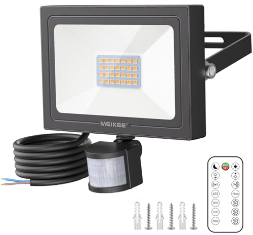 MEIKEE 25W Faretto Led da Esterno con Sensore di Movimento, 2 Modalità, 2100LM Faro da 28 Leds con Telecomando, 2700K Bianca Calda, IP66, Fari Led Esterno per Garage Cortile Giardino