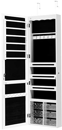 GYMAX Armadietto Portagioie da Parete, Portagioielli con Luci LED e 6 Cassetti, Specchiera a Figura Intera, Organizzatore per 84 Anelli, 120 Orecchini, 36 Borchie, Moderno, 36,5x11,5x120 cm (Bianco)