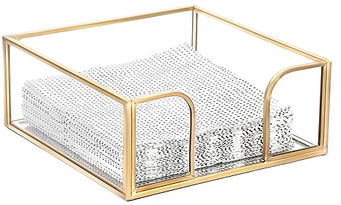 Sumnacon Cocktail-Sized Napkin Holder Square Glass Napkin Holder Table Gold Stylish Cocktail Napkin Holders for Kitchen Dining Table Counter,Decorative Napkin Basket for Picnic Wedding Party