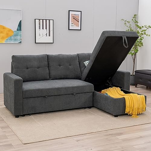 Panana 3 Seater Universal Sofabed, Pull Out Sleeper Corner Couch Bed with Storage Chaise. Gray Linen