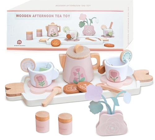 Fivtsme Teeservice Holz Kinderküche, Teeservice Kinder Holz Rosa, Teeset Kinder Spielzeug Holz, Teeservice Kinderküche, Teeparty Spielküche Rollenspiele Geschenk für Mädchen Kleinkinder ab 2 Jahren