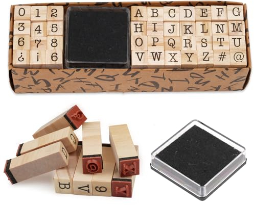 40 Stück Buchstaben Stempel aus Holz mit Stempelkissen - Set mit Buchstaben, Zahlen und Symbolen - Mini Holzstempel für DIY Basteln, Tagebuch, Handwerk und Geschenk