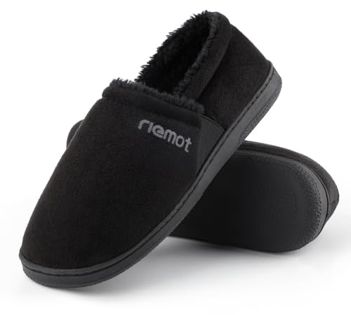 riemot Men's Suede Moccasin Slippers, Cozy Memory Foam House Shoes with Anti Skid Rubber Sole, Warm Faux Sherpa House Shoes with Dual Side Elastic Gores