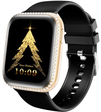 Smartwatch dam, 1,75 tum AMOLED träningsklocka med samtal, 130+ sportklocka med stoppur/stegräknare, IP68 vattentät fitnessspårare för IOS/Android (svart band med guldklocka)