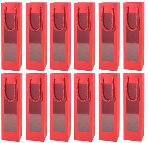 DQZSY 12 Stück Kraft-Wein-Organizer für,Kraftpapier Weinflaschenbeutel,Geschenktüte mit Griff für Flaschen, Hochzeit, Geschenktüten für Party-Flaschen (Rot)