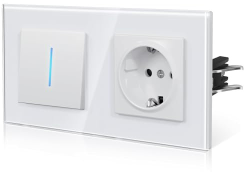 BSEED Interrupteur de lumière avec prise en verre, interrupteur de plâtrage rétroéclairé avec griffe, commutable nouvelle série E, 1 Gang 1 voie, blanc 157mm