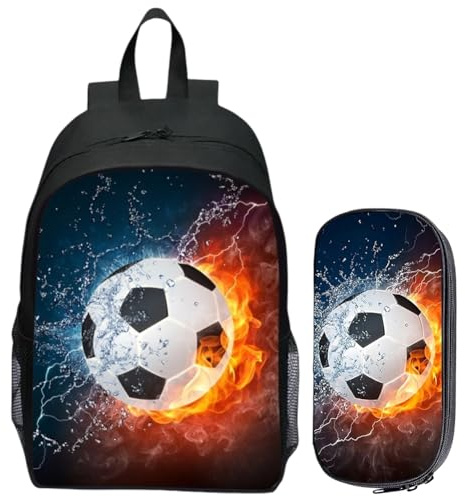 KDFSSIPE Sac d'école de Football,Trousse à Crayons Football,Sac a Dos Enfant Garcon, Sac à Dos Décontracté de Voyage Léger, Grande Capacité Étui à Crayons, 16 Pouces,2pcs