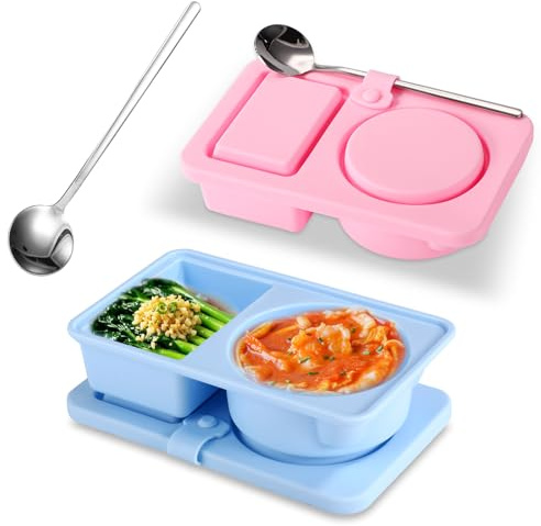 Tinoaly 2st Silikonsnacksbehållare med Täcka och 2st Skedar, Återanvändbara Såsbehållare med Dubbla Fack Delad Kryddlåda för Picknick Resor Kontor för Frukt Yoghurt Sylt