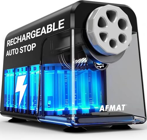 AFMAT Sacapuntas eléctrico 6 agujeros con contenedor, apagado automático y almacenamiento de lápices - Sacapuntas eléctrico recargable para 6-11 mm Nº 2/grandes/lápices de colores, 10.000 tamaños