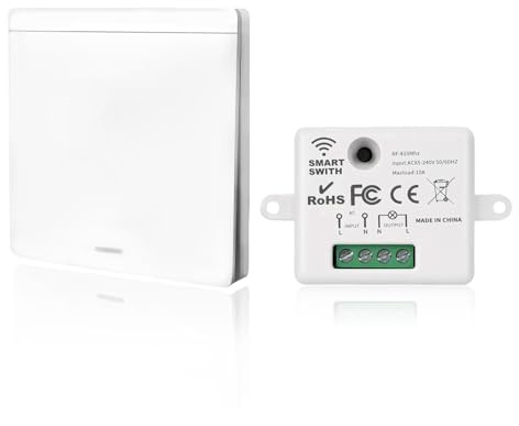 Interruptor de luz Inalámbrico, Interruptor Kit con Transmisor de RF y Controlador del Receptor 10A Fácil Instalación para Lámpara de Hasta 1500W, Control Remoto Alcance de 50M