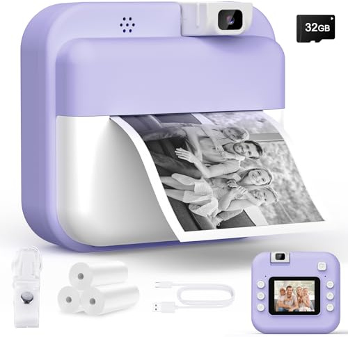 Teoryieer Cámara de Fotos Instantánea, Pantalla HD de 2.0 Pulgadas y 48 MP, 1080P cámara de Fotos Infantil, Tarjeta de 32 GB y 3 Rollos de Papel de Impresión (Púrpura)