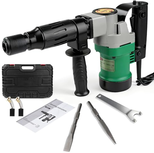 Telituny Martillo de Demolición SDS-Plus, 1400W 30J Martillo Demoledor Eléctrico con Cincel Puntiagudo y Plano, Martillos Perforadores Sin Escobillas con Mangos Antivibraciones, para Pizarra Hormigón