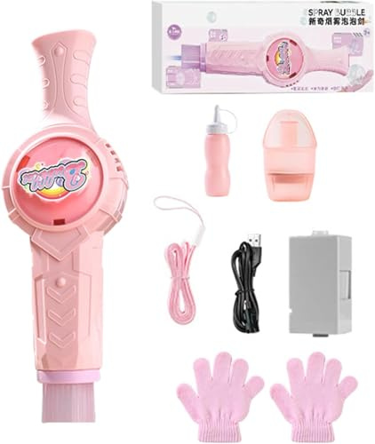 Varita Eléctrica de Burbujas de Humo Manejable | Máquina Automática Recargable USB con Guantes Mágicos + Botella + Recipiente + Accesorios | Juguete Exterior para Niños y Niñas (Rosa)