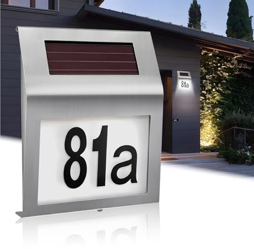 ZCLIKEU Numéro de maison solaire éclairé en acier inoxydable – 2 LED pour l'extérieur avec interrupteur crépusculaire & étanche IP65 avec numéros 0-9 et lettres a-h – Idéal pour la maison, le garage