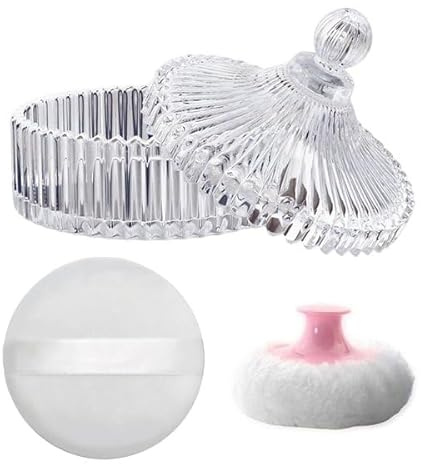 Daglig puderburks-set av glas, puderfodral för kroppspulder, puderpuff för uppmuntran för kvinnor, puderlåda med pudertofsar, talkpuder, kosmetiskt pulvertofsar för hem och resor en gåva