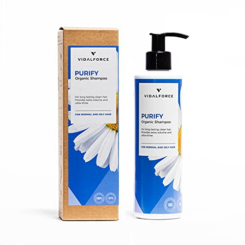 PURIFY oljigt hårschampo utan sulfater och parabener och silikon, naturligt veganskt schampo för fet hår, oljig rot och torra ändar, reglerar Sebo, rengöring och fräschör, 250 ml