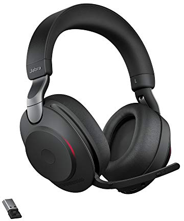 Jabra Evolve2 85 Wireless PC Headset mit Ladestation – Noise Cancelling UC Zertifizierte Stereo Kopfhörer mit Langer Akkulaufzeit – USB-A Bluetooth Adapter – Schwarz