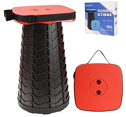 FIEMACH Sgabello telescopico portatile con seduta più grande, sgabello quadrato retrattile da campeggio per adulti, sgabello telescopico pieghevole leggero compatto (rosso)