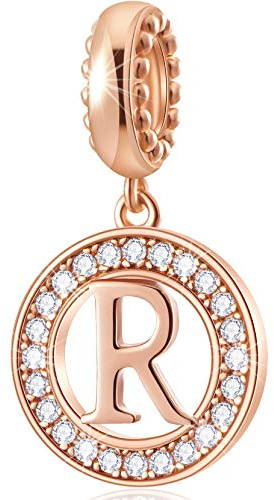 CHAWIN Initial A-Z bokstavsberlock, alfabetsberlocker, roséguld, autentiska 925 sterling silver berlocker passar Pandora Charm armband, halsband, cirkel hängande berlock för kvinnor, flickor, glittrande klar sten, Kubisk zirkonia