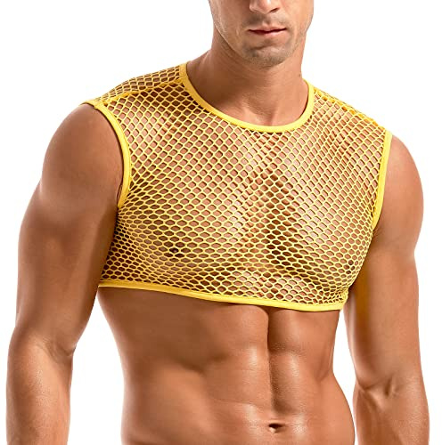 Amy Coulee Men's Fishnet Crop Top Sleeveless Mesh Vest | Lightweight Stretch Fabric, Crew Neck and Cropped Length, Large Mesh Design, Nightclub Party Costume Wear, Hand Wash Only