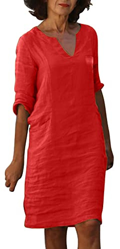Linneklänning damer sommar v-ringad kortärmad sommarklänning damer knälång linneklänningar kvinnor t-shirt klänning casual tryck fritidsklänning strandklänningar klänning A-linje klänning