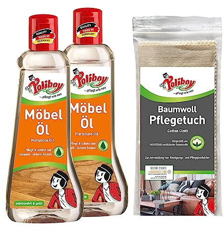 POLIBOY Möbel Öl - Holzpflegemittel für unbehandelte und geölte Holzmöbel - Farbloses Holzöl zur Auffrischung und Pflege - 2x 200 ml - inkl. Baumwolltuch zur Anwendung - Made in Germany