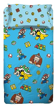 Super Mario, Bettwäsche-Set für Einzelbett, Kissenbezug, Bettlaken, Spannbettlaken, 100% Baumwolle, Hellblau