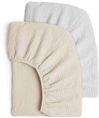 lulumoon 2er Set Kinder Spannbettlaken, Musselin-Baumwolle Spannbetttuch für Babybett und Kinderbett 60x120cm / 70x140cm Reisebett Spannlaken Beistellbett Leintücher (Grau Creme)