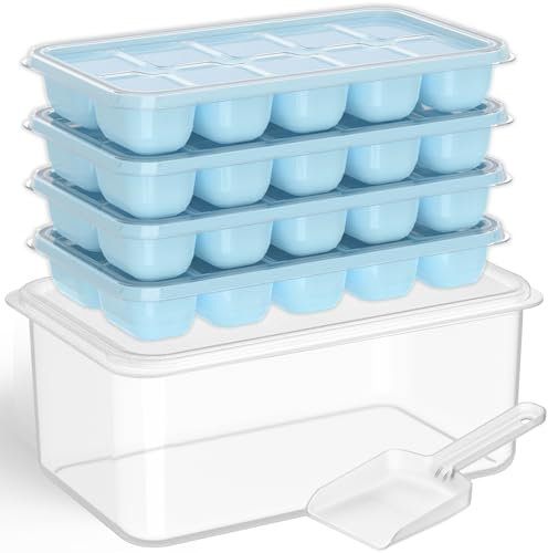 DOQAUS Bandeja de cubitos de hielo con tapa y contenedor, paquete de 4 bandejas de plástico de silicona para congelador con caja de hielo, bandejas de hielo con recipiente de hielo, bandeja de hielo