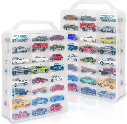KISLANE Double Sided Toy Car Storage Case for 48 Toy Cars, Matchbox Cars, Mini Toys, Small Dolls, Portable Storage Case for Toy Cars, Matchbox Cars with 46 Slots, Case Only (Transparent-2 Pack)
