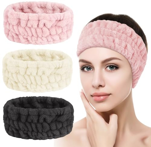Flintronic Lot de 3 bandeaux spa pour femme, bandeau moelleux pour se laver le visage, la douche, le yoga, les sports (blanc, noir, rouge pastèque)