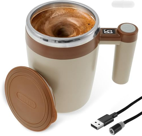 Tasse mélangeuse automatique USB 400 ml - Tasse avec écran d'affichage de la température - Fond antidérapant - Tasse électrique auto-mélangeante pour café, thé, chocolat chaud, lait (marron)