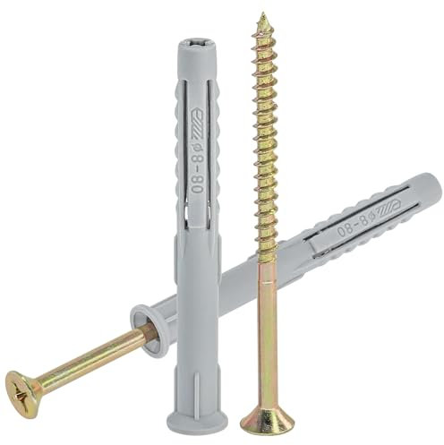 Lot de 30 vis robustes avec chevilles en nylon, vis d'ancrage mural et chevilles murales, fixations de cadre mural avec chevilles de 8 x 80 mm et vis de 4,9 x 85 mm