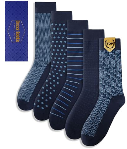 Juedverty 5 Pairs Mens Dress Socks Size 9-12,Combed Cotton Classic Business Patterns Comfort Crew Sock Size 10-13