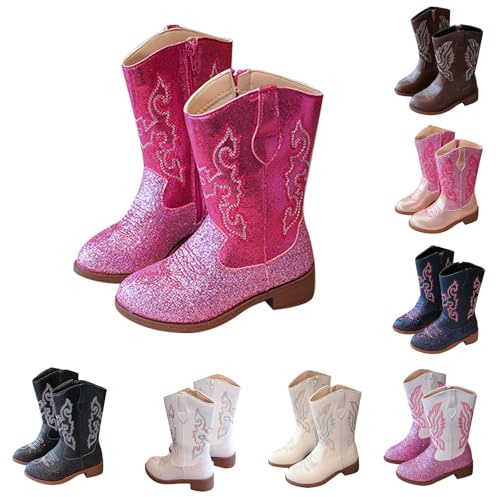 Cowgirl Boots Kids Cowboy Boots Girls Toddler Winter Warm Long Calf High Leather Ankle Western Riding Boots Stylish Non-Slip Comfortable Side Zipper Soft Festival Party Cosplay