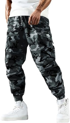 PADOLA Pantalones Cargo de Camuflaje para Hombre Pantalón Trabajo con Multibolsillos y Cintura Elástica Jogging Pants(XXL,Gris)