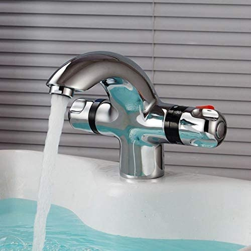 Robinet thermostatique pour lavabo de salle de bain – Robinet mitigeur basse pression, mitigeur de bain-douche à 2 poignées chromé, robinet de lavabo à économie d'eau pour salles de bains modernes