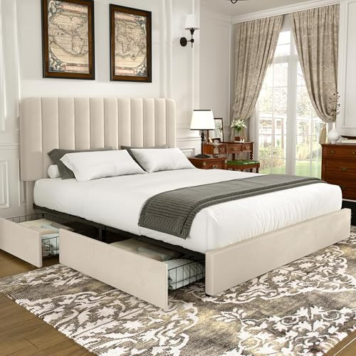 VECELO 4ft6 Double Bed Frame with 4 Storage Drawers, Velvet Upholstered Bed with Headboard, Wooden Slats Support, No Box Spring Needed, Beige
