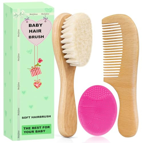 Molylove 3 st babyhårborste och kam set för nyfödda och småbarn | babyborste i trä med mjuka getborst l träkam l ros röd Cradle Cap borste | Perfekt för Cradle Cap