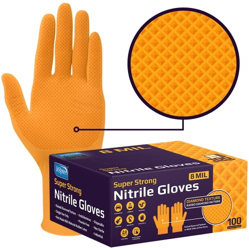 Inspire Heavy Duty Orange Nitrile Gloves Disposable Latex Free | ULTRA 8 Mil Diamond Textured Grip Disposable Cleaning Gloves | Industrial Mechanic Food Extra Large, 100 Count
