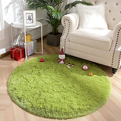 VOFUSHON Schlafzimmer Shaggy Plüsch runden Teppich Bunte Batik Faux Flauschiger Samt Moderne Innenteppiche Lange Haare Fell Optik Gemütliches Bettvorleger Sofa Matte Carpet(Grün,150 x 150 cm)
