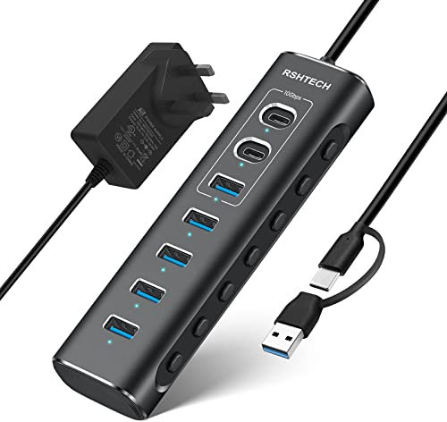 RSHTECH Powered USB 3.1/3.2 Hub, 7-Port USBC Hub with 3x 10Gbps Data Ports (2C+1A), 4x USB-A 3.0 and 12V/2A 24W Power Adapter, Aluminum USB3.2 Splitter with 3.3ft USB Cable (RSH-A107C)