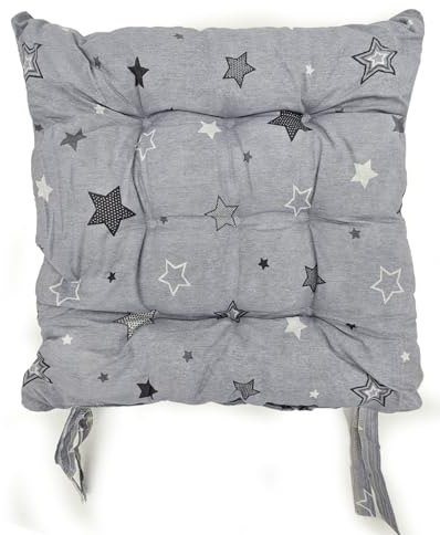 cushion mania Seat Pad – Padded Dining, Garden & Kitchen Chair Cushion with Tie-On Straps, Washable, Comfortable Stars & Stripes Design (Stars Silver, 1)