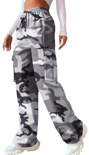 Ladies Leisure Trousers Elasticated Waist Ladies Women's Casual Camouflage Print Cargo Pants Drawstring Stretch Elastic Waist Tapered Pants with Pockets Trousers Women High Waisted Joggers (Grey,XXL)