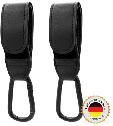 ESSENTIVAL Kinderwagen Haken für Taschen (2 Stück) - Großer Universalkarabiner für Kinderwagen, Robuste Karabinerhaken als Taschenhalter, Anhänger für Kinderwagen in Universeller Passform (Schwarz)