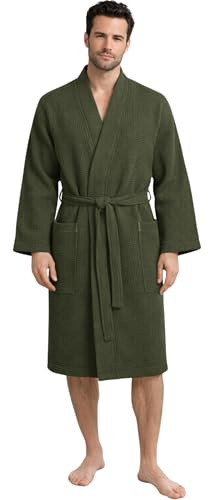 Morgenstern Dressing Gown Men Waffle 100% Cotton Lightweight Kimono Bathrobe Olive-Green M